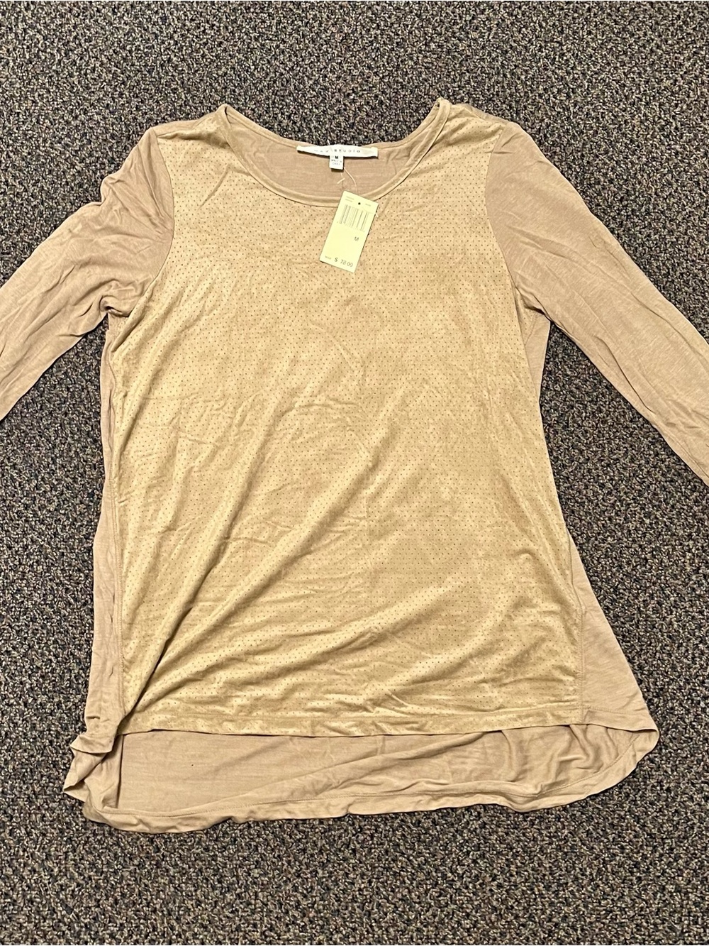 Max Studio Long Sleeve Scoop Neck Top in Taupe Beige